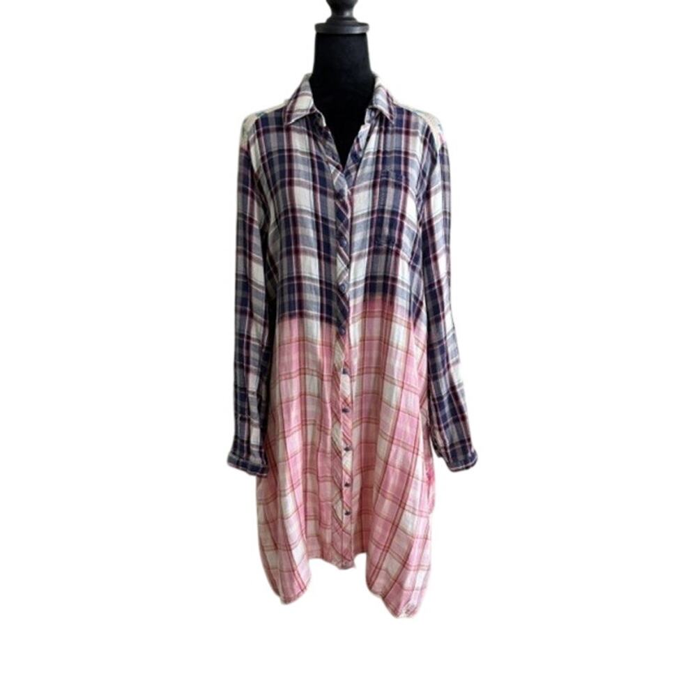 Philosophy Shirt Dress Womens L Plaid Floral Mixed Print Button Front Boho Midi - Picture 2 of 11